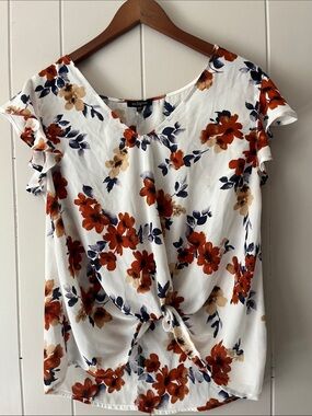 Eclipse White Floral Tie-Front Blouse with Navy & Rust Blooms